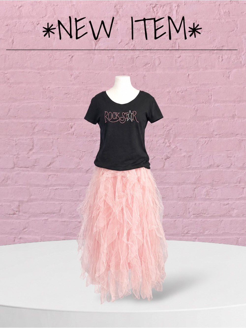 Rockstar Rhinestone Tee & Pink Tulle Maxi Skirt Outfit Bundle 1X/XXL